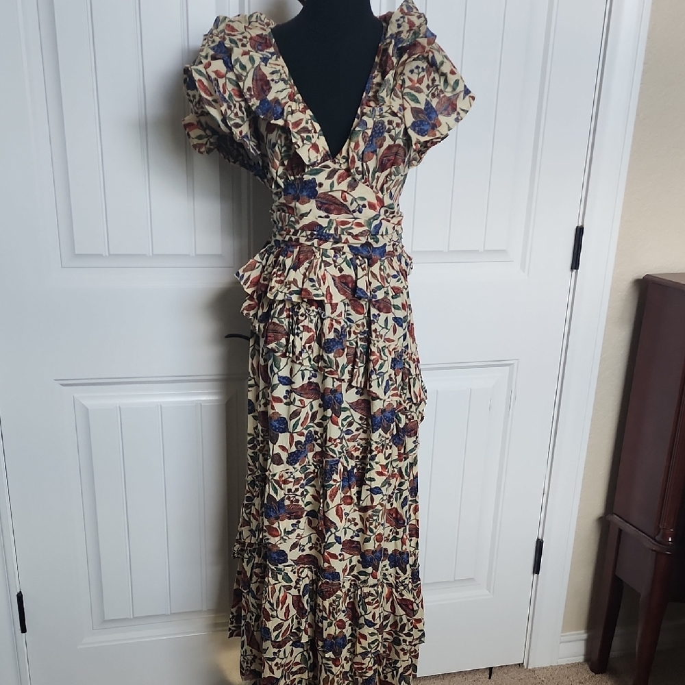 House of Harlow 1960 Cream Floral Wrap Maxi Dress with Blue & Rust Accents